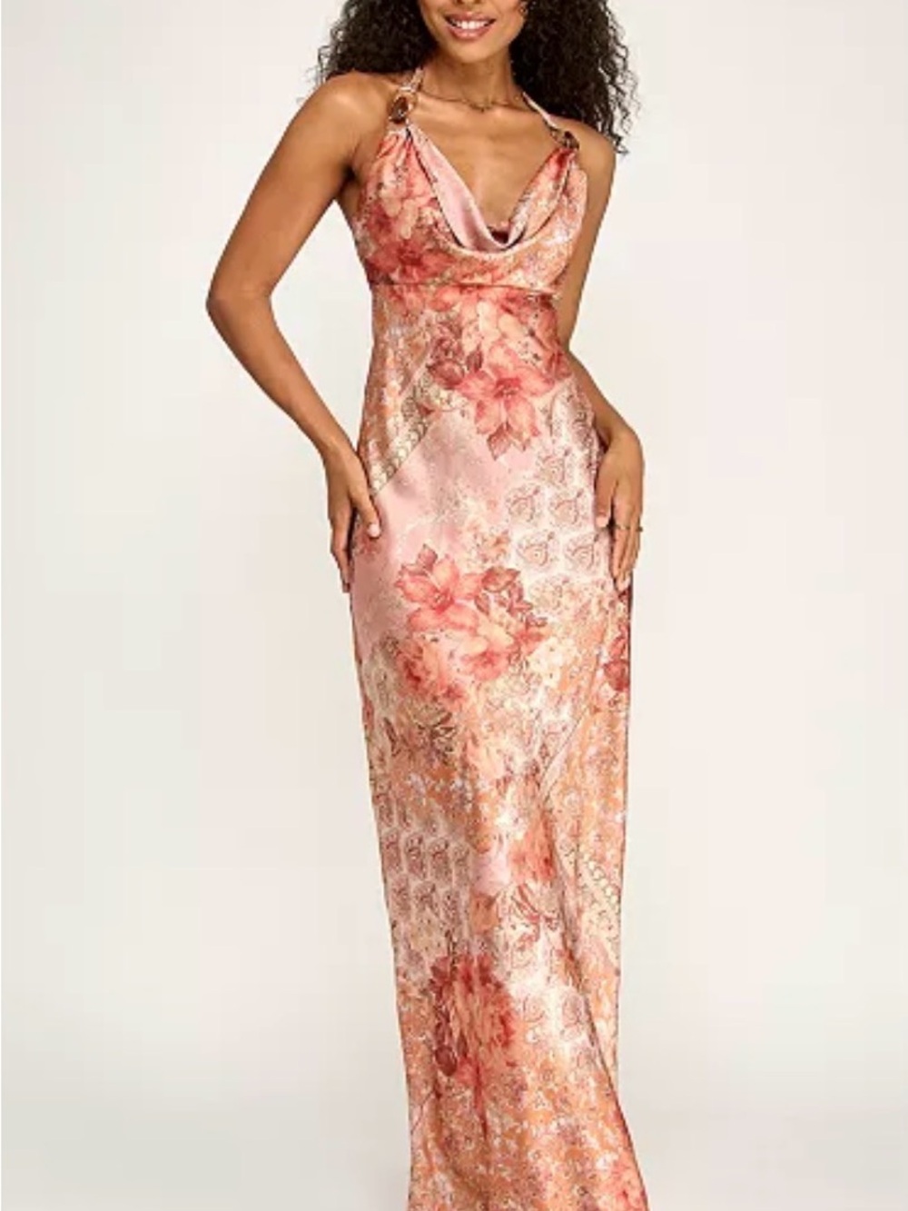 Floral Pink Satin Cowl Maxi Dress with Ring-Strap Detail